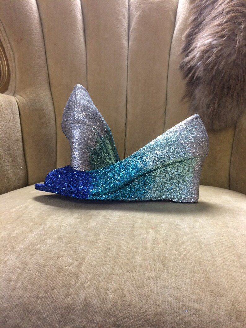 Custom Made to Order Ombre Aqua Blue Glitter High Heel Wedges. Etsy
