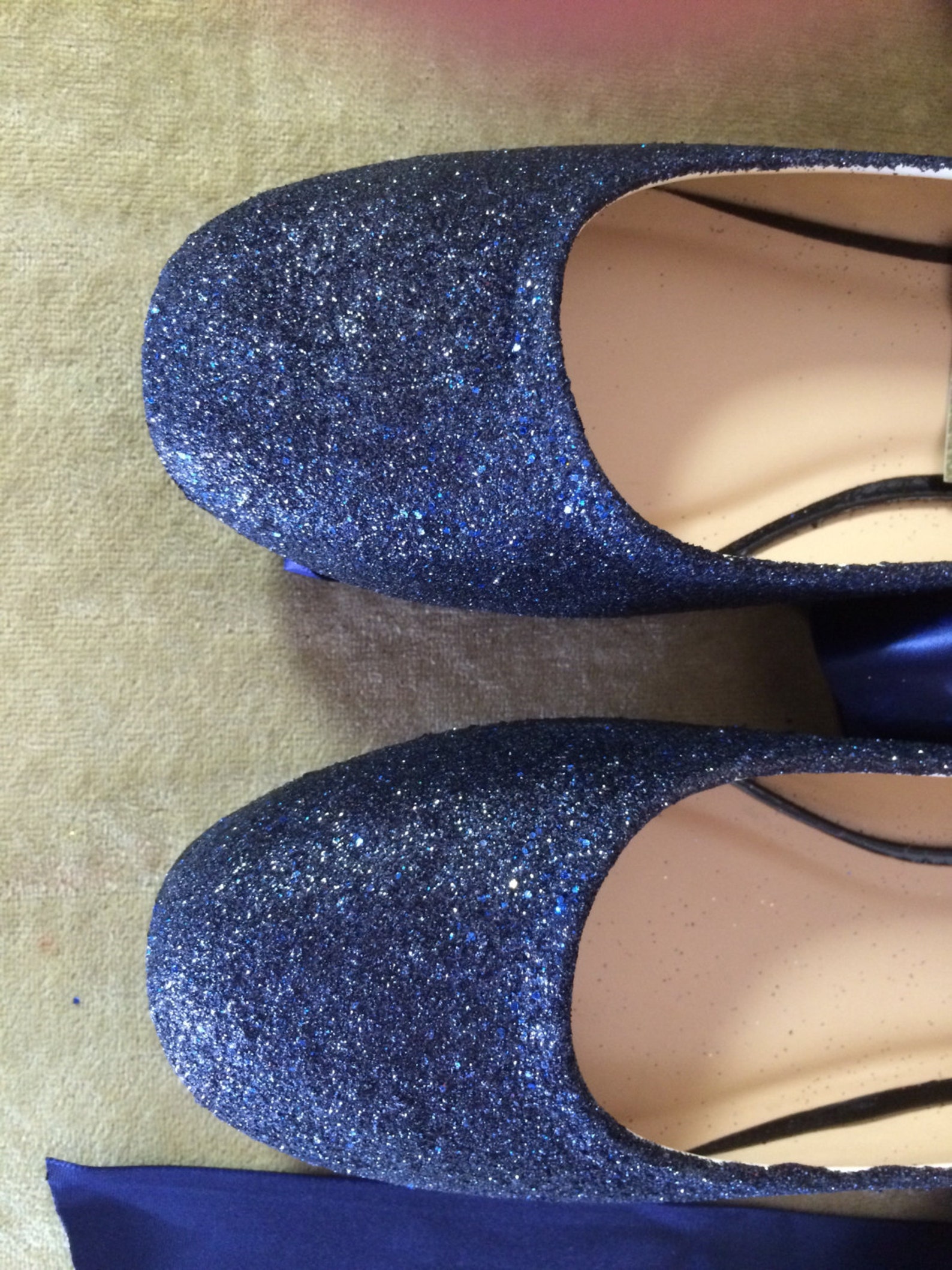 blue glitter lace up ballet flats. custom made to order. women's sizes only.