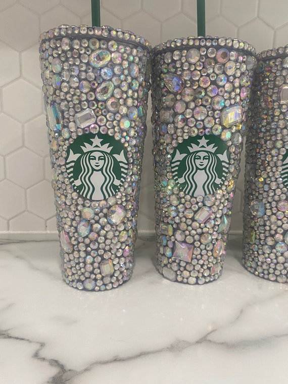 Custom Made Rhinestone Tumbler. Cold Cup. Glitter Cup. Glitter Starbucks Cup.  Venti, Large. Clear Rhinestone. Iridescent 