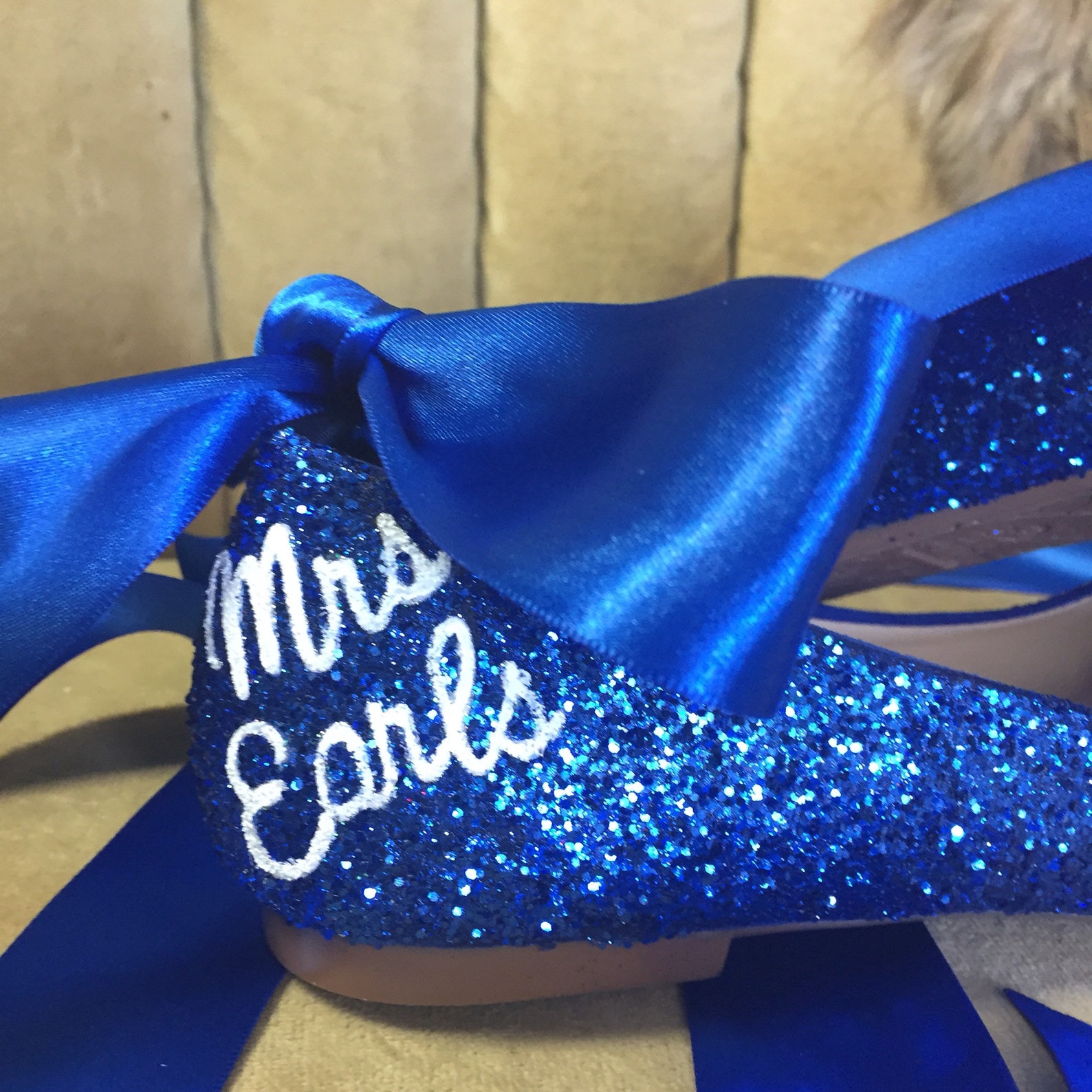 personalized, blue glitter lace up ballet flats with name and wedding date. custom made to order. women's us sizes 5-12