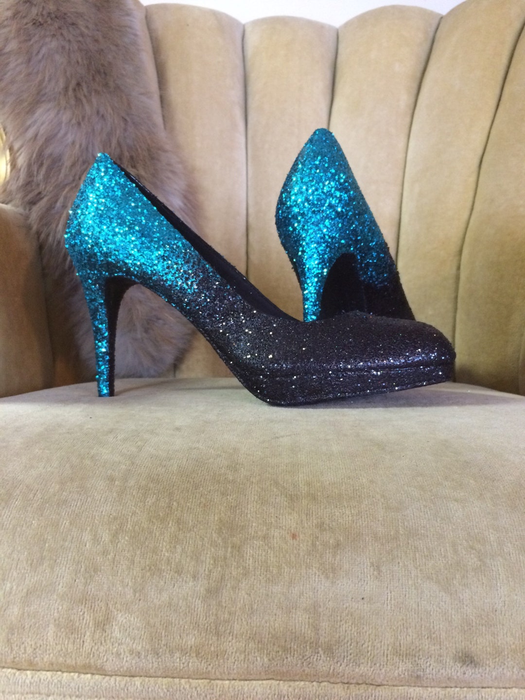 Custom Made, Glitter High Heels. Ombre Teal and Black. Bridal Shoes ...