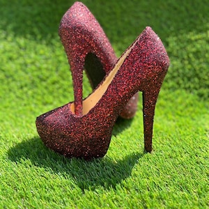 Burgundy Glitter Heels. Dark Red Sparkly High Heels for Weddings, Proms, or Parties,  Custom Wine Red Shoes.
