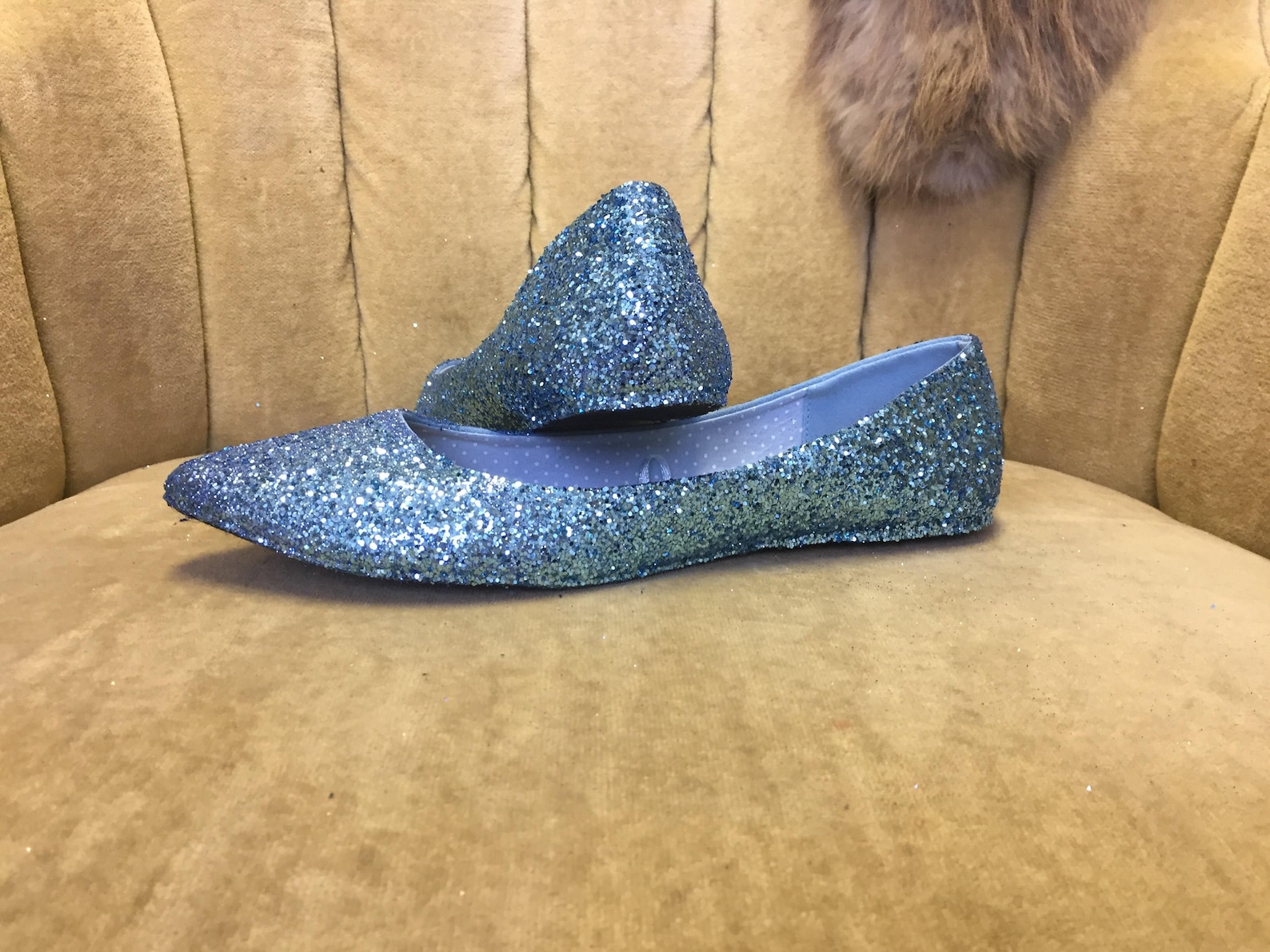 woman's custom made to order light blue glitter ballet flats. pointed toe ballet flats. glitter flats. slip on shoes