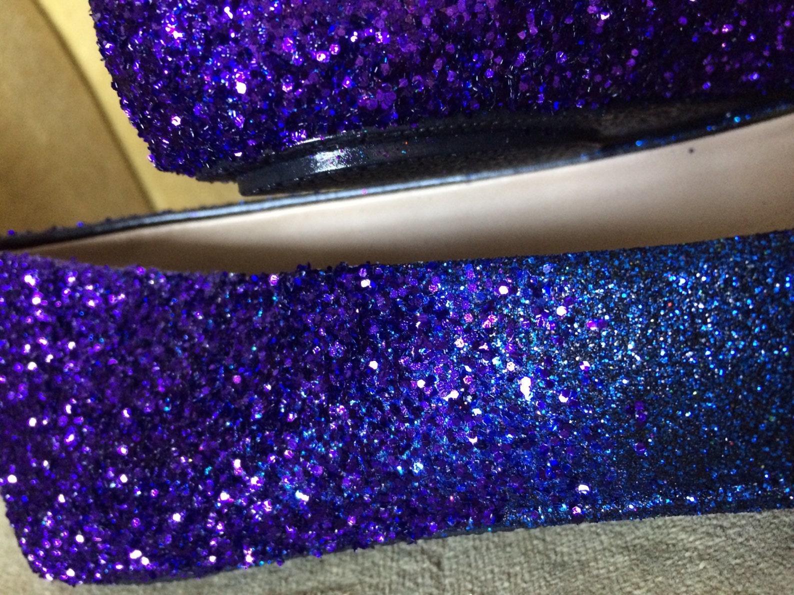 woman's custom made to order ballet flats. glitter flats. slip on shoes. navy blue, royal purple ombre design.
