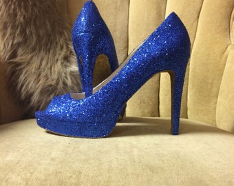 Glitter high heels. Blue high heels .  Bridal shoes. Sizes 5.5-11 Custom made to order heels. Short heels tall heels. Closed toe or open toe