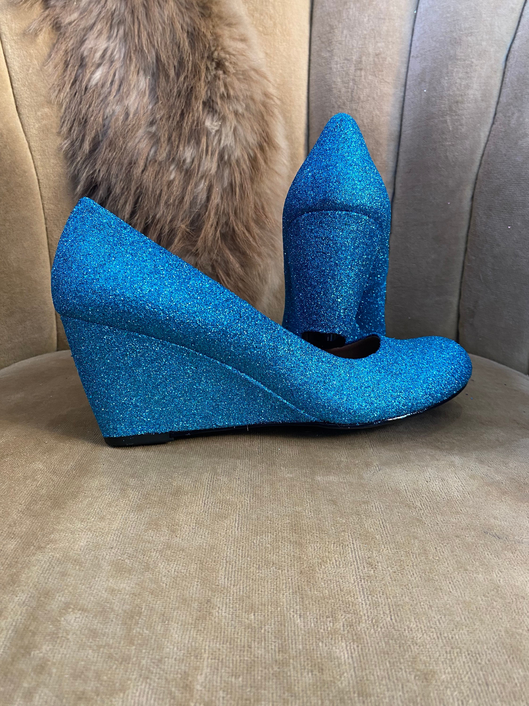 Custom made to order aqua blue glitter high heel wedges. Etsy