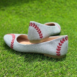 Custom, Glitter baseball ballet flats for women. Custom-made silver sparkly glittery flats.