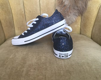 Authentic converse all stars in navy blue glitter. Custom made to order in any color high top or low top chucks.