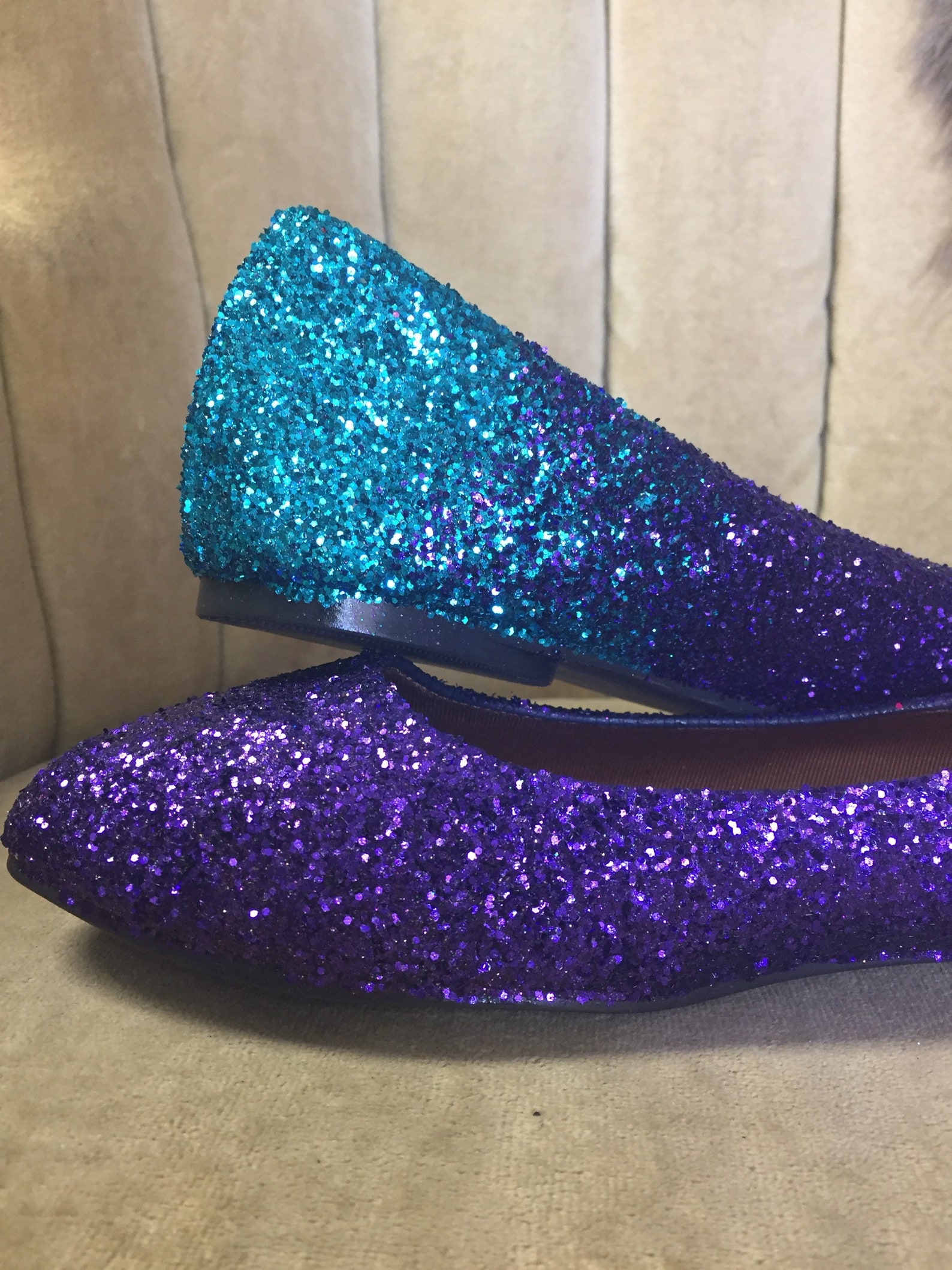 personalized ombre ballet flats. teal to purple ombre.