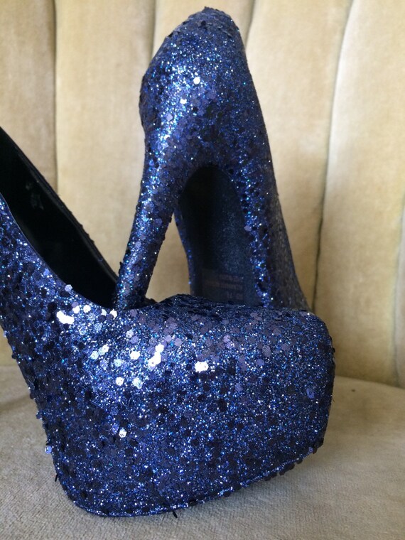 Glitter high heels. Dark navy blue heels . Bridal shoes. Sizes 5.5 11 Custom made to order heels. Short heels tall heels. open toe Dark navy blue high heels