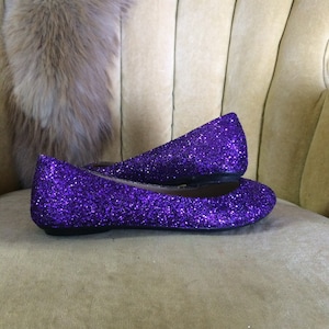 Women's custom made to order purple glitter ballet flats. Glitter flats. Slip on shoes.