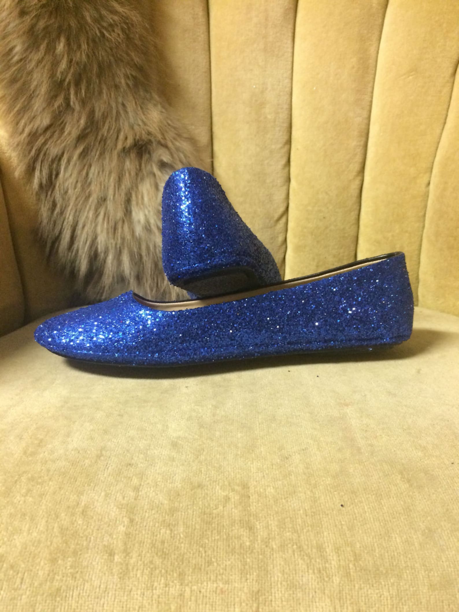 women's custom made to order blue glitter ballet flats. glitter flats. slip on shoes