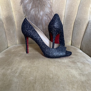 Custom black and red high heels. Glittery midnight black peep toes.