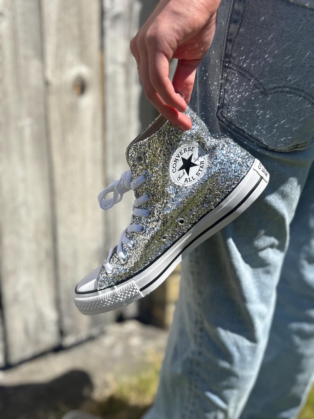 sequin converse high tops silver