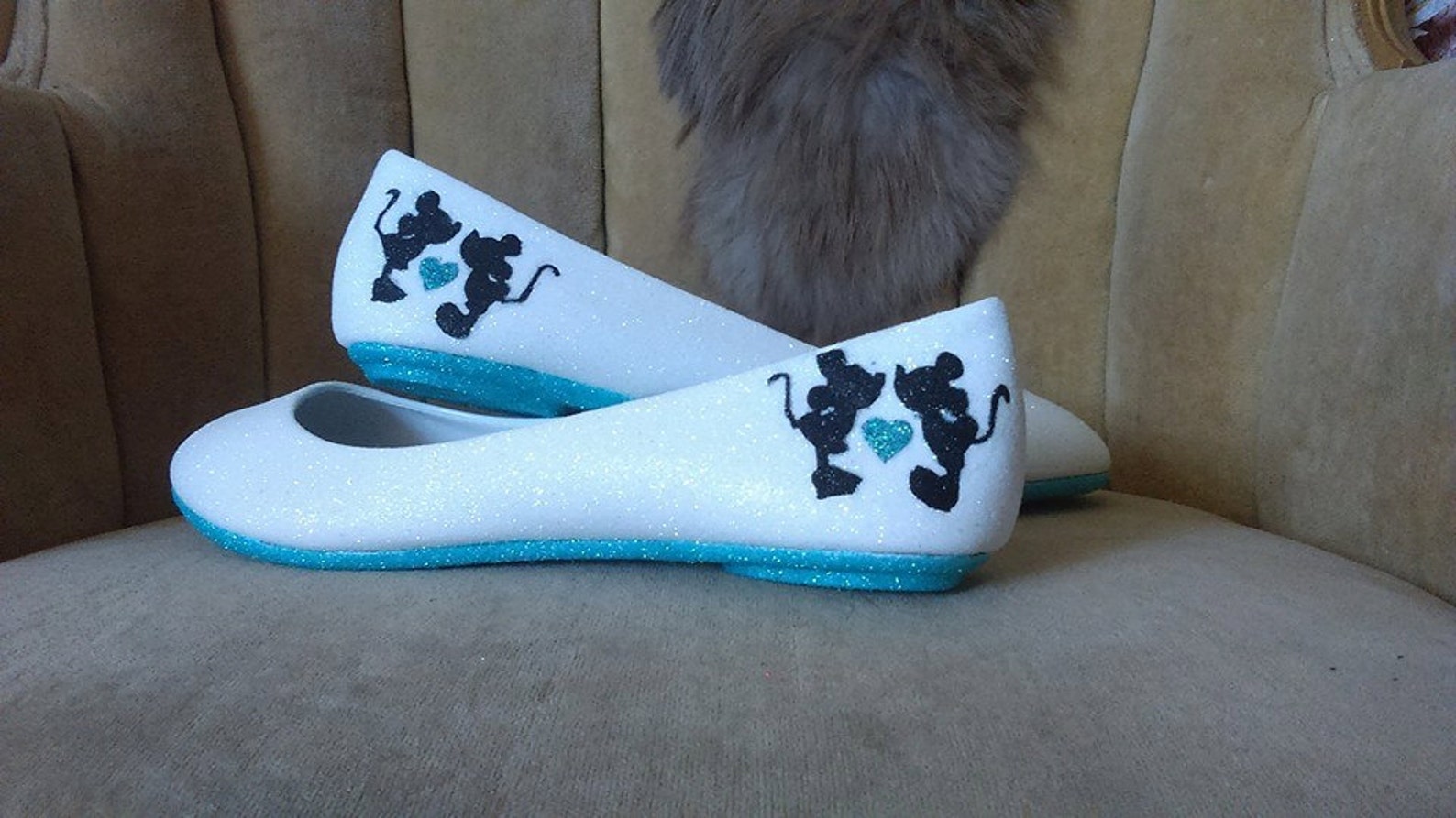 custom made to order, minnie and mickey mouse fan art flats. ballet flats. blue and white