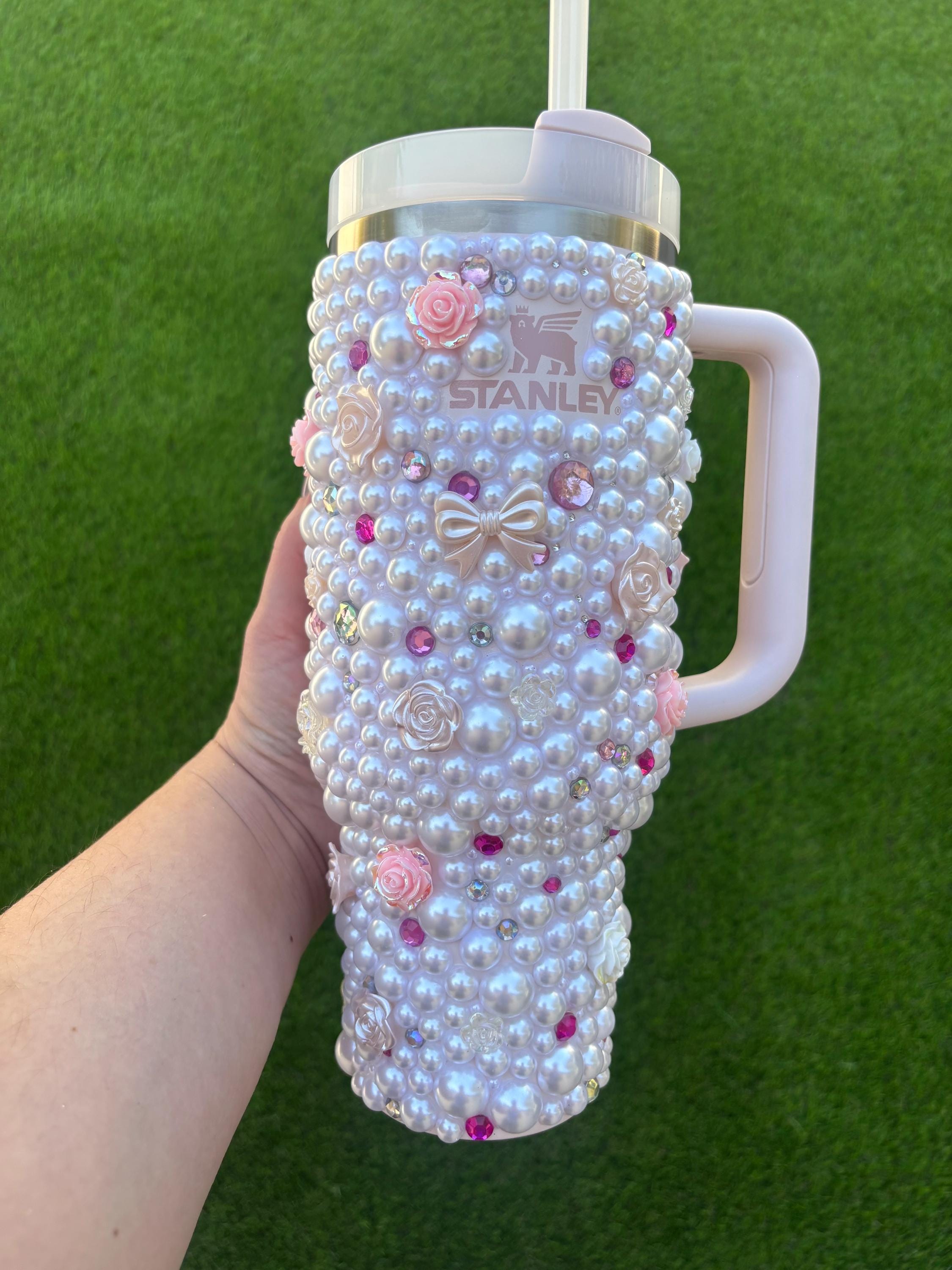 Pink and White Pearl Stanley Tumbler. Bedazzled With Bows, Crystals and ...