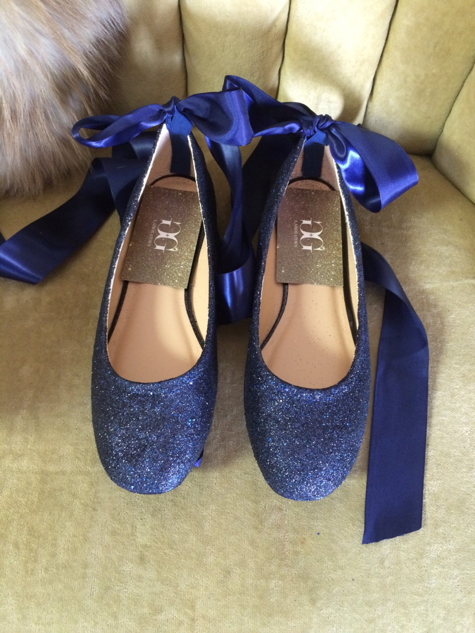 blue glitter lace up ballet flats. custom made to order. women's sizes only.