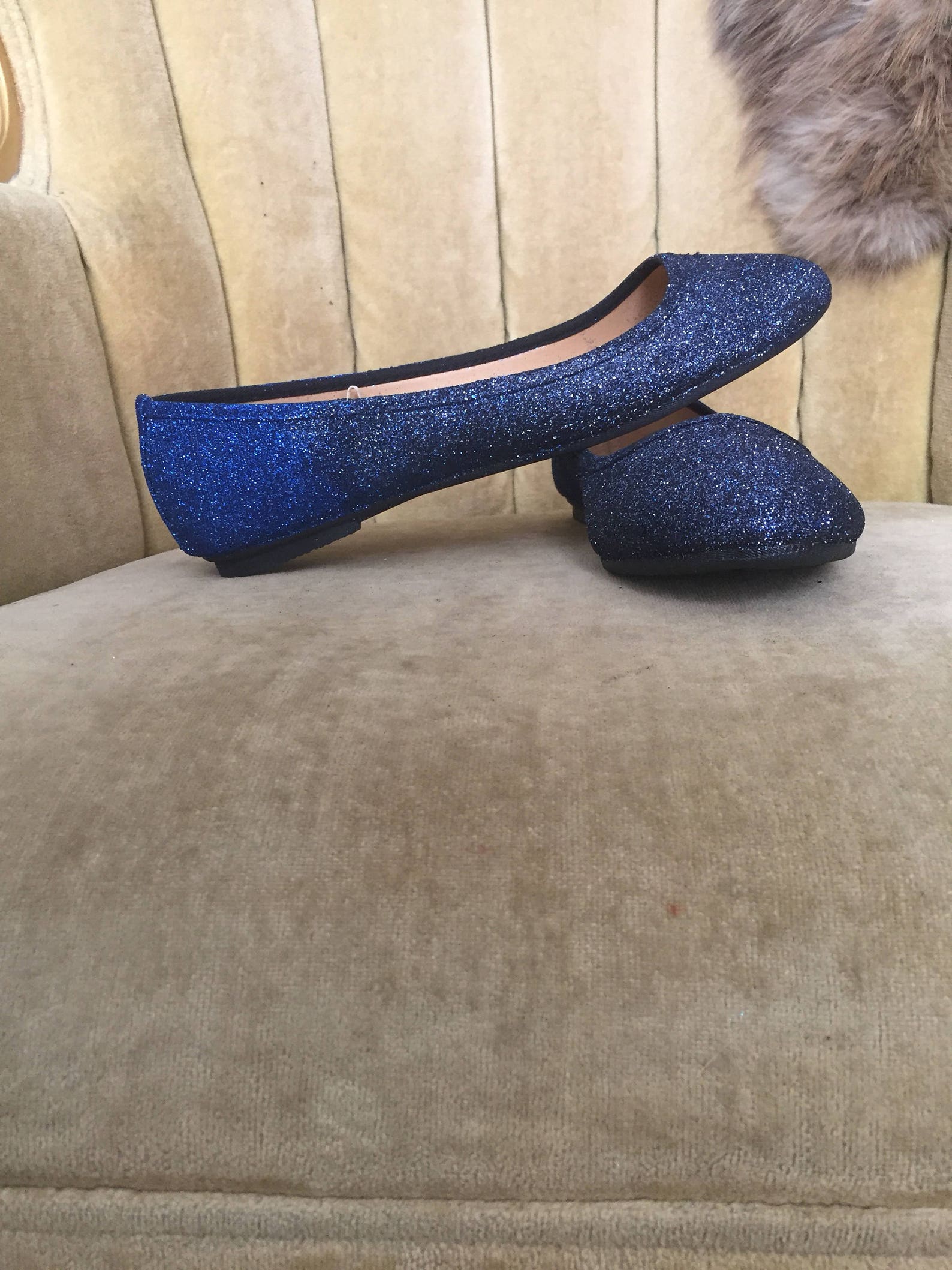 women's custom made to order cobalt blue and navy blue ombre glitter ballet flats. glitter flats. slip on shoes