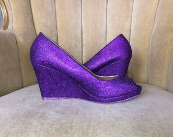 Purple wedge high heels. Purple and lavender wedge heels. Custom made to order shoes.