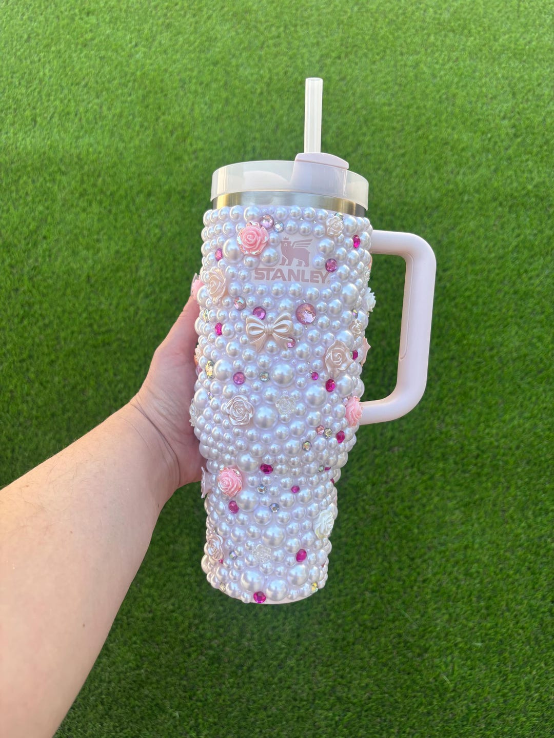 Pink and White Pearl Stanley Tumbler. Bedazzled With Bows, Crystals and ...