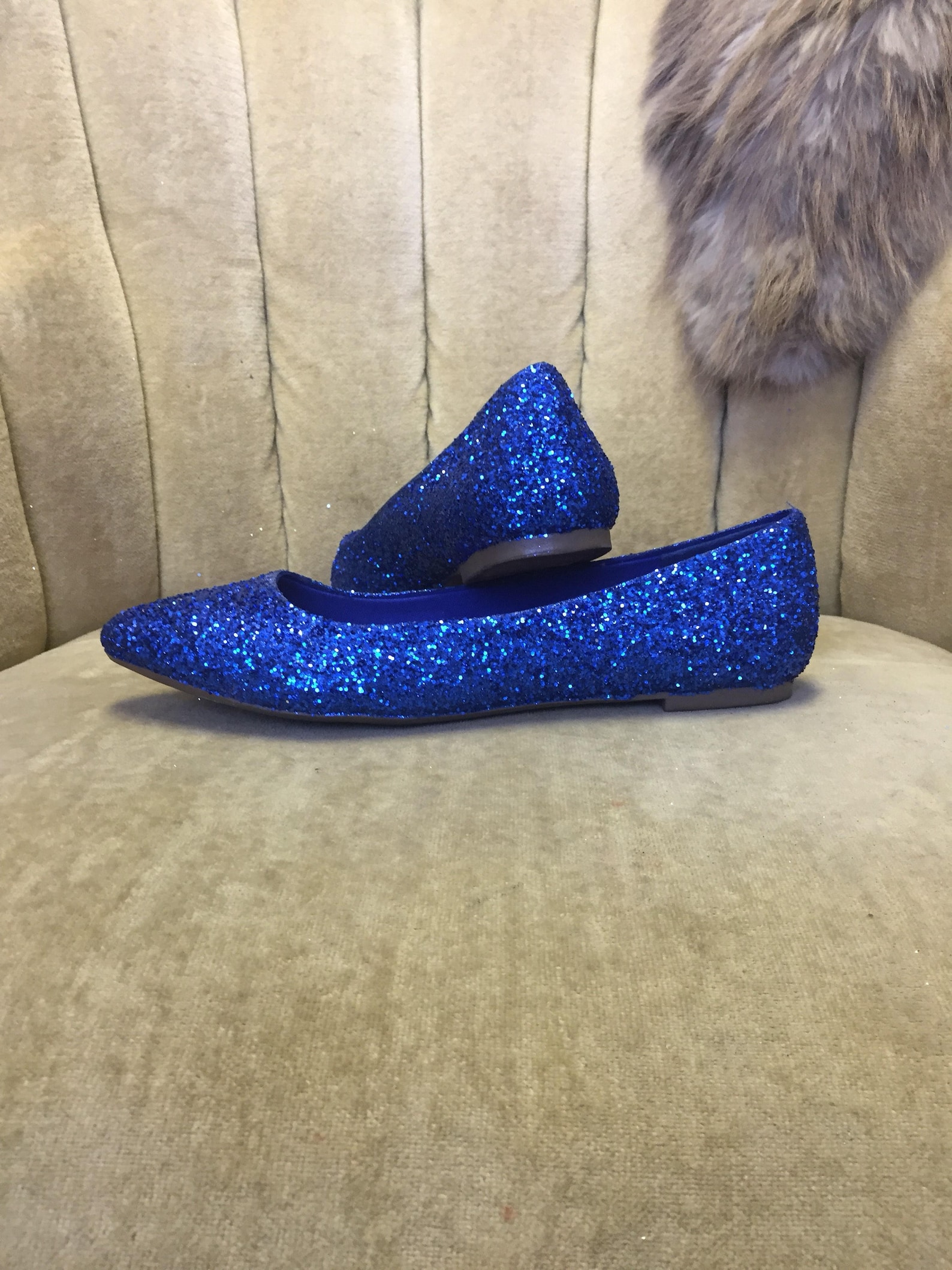 women's custom made to order blue glitter ballet flats. pointed toe ballet flats. glitter flats. slip on shoes