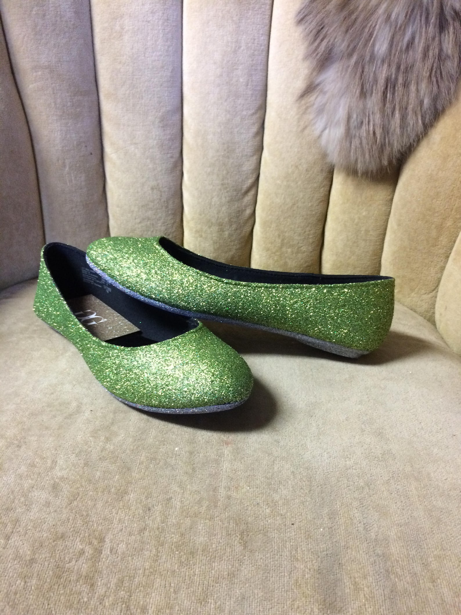 women's custom made to order light green glitter ballet flats. glitter flats. slip on shoes