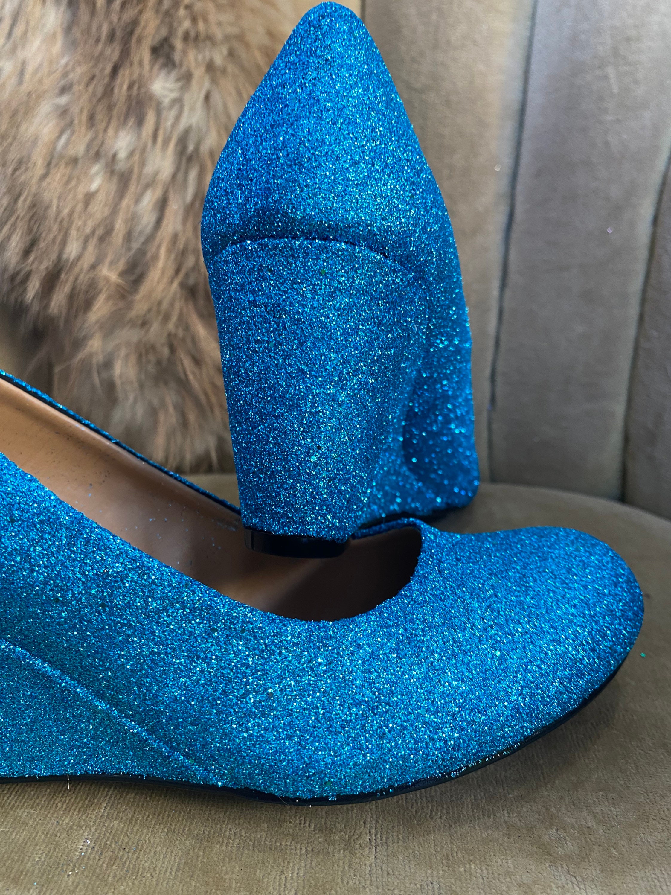 Custom made to order aqua blue glitter high heel wedges. Etsy