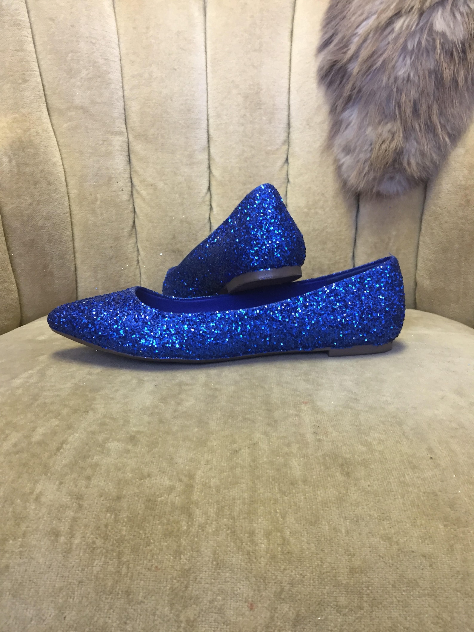 Women's Custom Made To Order Blue Glitter Ballet Flats. Pointed Toe ...