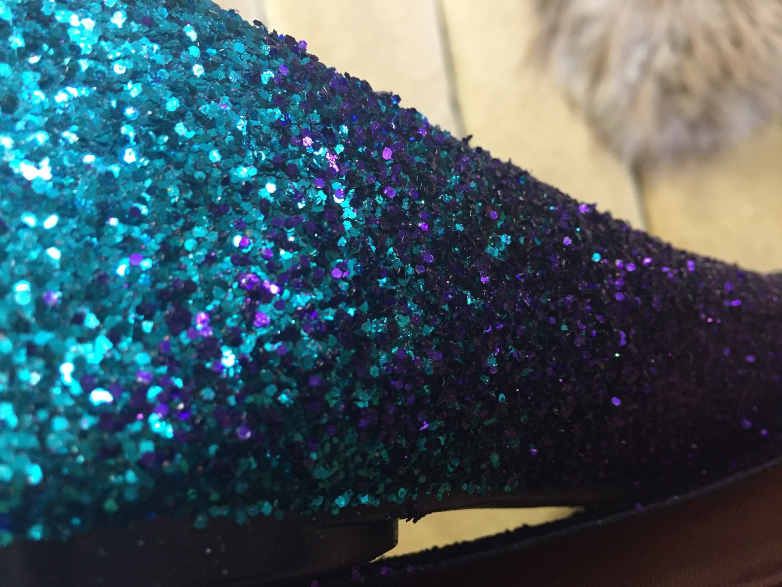woman's custom made to order ballet flats. glitter flats. slip on shoes. teal to royal purple ombre design.