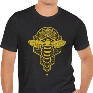 T-shirt motif nid d&#39;abeille géométrique abeille gris foncé chiné