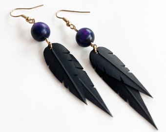 Galaxy Tiger's Eye Beads | Recycled Bike Tire Tubes | Faux Feather Earrings | Gold Hooks