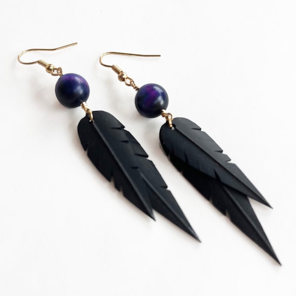 Galaxy Tiger's Eye Beads | Recycled Bike Tire Tubes | Faux Feather Earrings | Gold Hooks