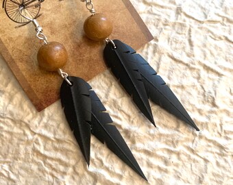 Tan Wood Beads | Recycled Bike Tire Tubes | Faux Feather Earrings