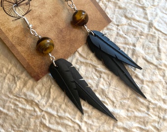 Tiger's Eye Beads | Recycled Bike Tire Tubes | Faux Feather Earrings