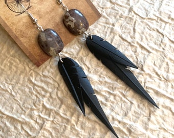 Jasper Beads | Recycled Bike Tire Tubes | Faux Feather Earrings
