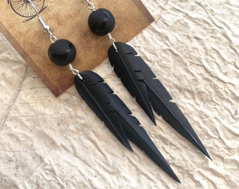 Onyx Beads | Recycled Bike Tire Tubes | Faux Feather Earrings