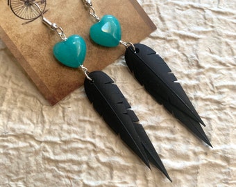 Quartz Heart Beads | Recycled Bike Tire Tubes | Faux Feather Earrings
