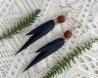 Rudraksha Seeds of Compassion | Prayer Beads | Recycled Bike Tire Tubes | Faux Feather Earrings | Gold Hooks