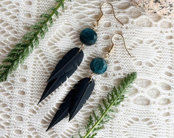Apatite Star Beads | Recycled Bike Tire Tubes | Faux Feather Earrings | Gold Hooks