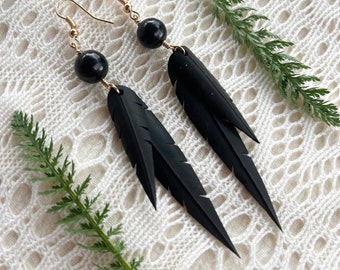 Shungite Beads | Recycled Bike Tire Tubes | Faux Feather Earrings | EMF Protection | Gold Hooks