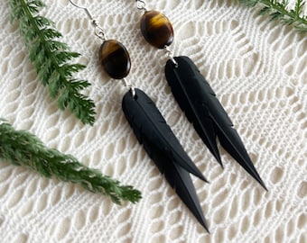 Oval Tiger's Eye Beads | Recycled Bike Tire Tubes | Faux Feather Earrings