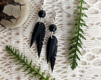 Onyx Beads | Recycled Bike Tire Tubes | Faux Feather Earrings