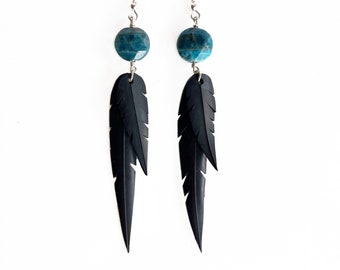 Apatite Beads | Recycled Bike Tire Tubes | Faux Feather Earrings