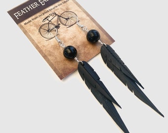 Shungite Beads | Recycled Bike Tire Tubes | Faux Feather Earrings