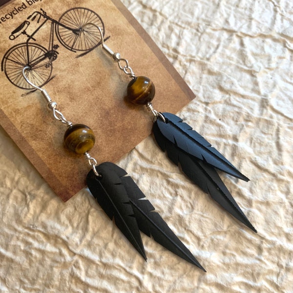 Tiger's Eye Beads | Recycled Bike Tire Tubes | Faux Feather Earrings