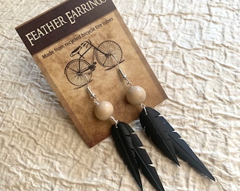 White Wood Beads | Recycled Bike Tire Tubes | Faux Feather Earrings