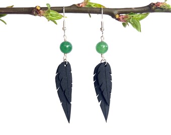 Light Jade Beads | Recycled Bike Tire Tubes | Faux Feather Earrings