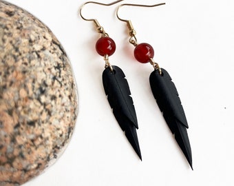 Carnelian Beads | Recycled Bike Tire Tubes | Faux Feather Earrings