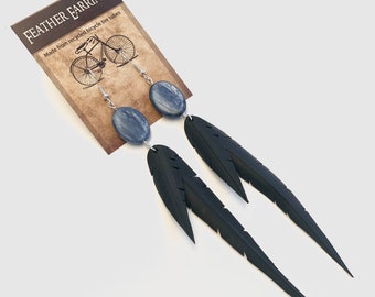 Kyanite Beads | Recycled Bike Tire Tubes | Faux Feather Earrings