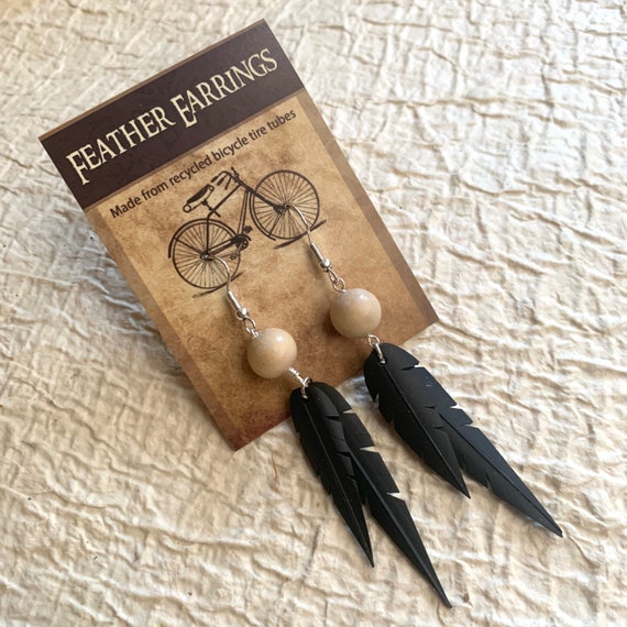 White Wood Beads Recycled Bike Tire Tubes Faux Feather